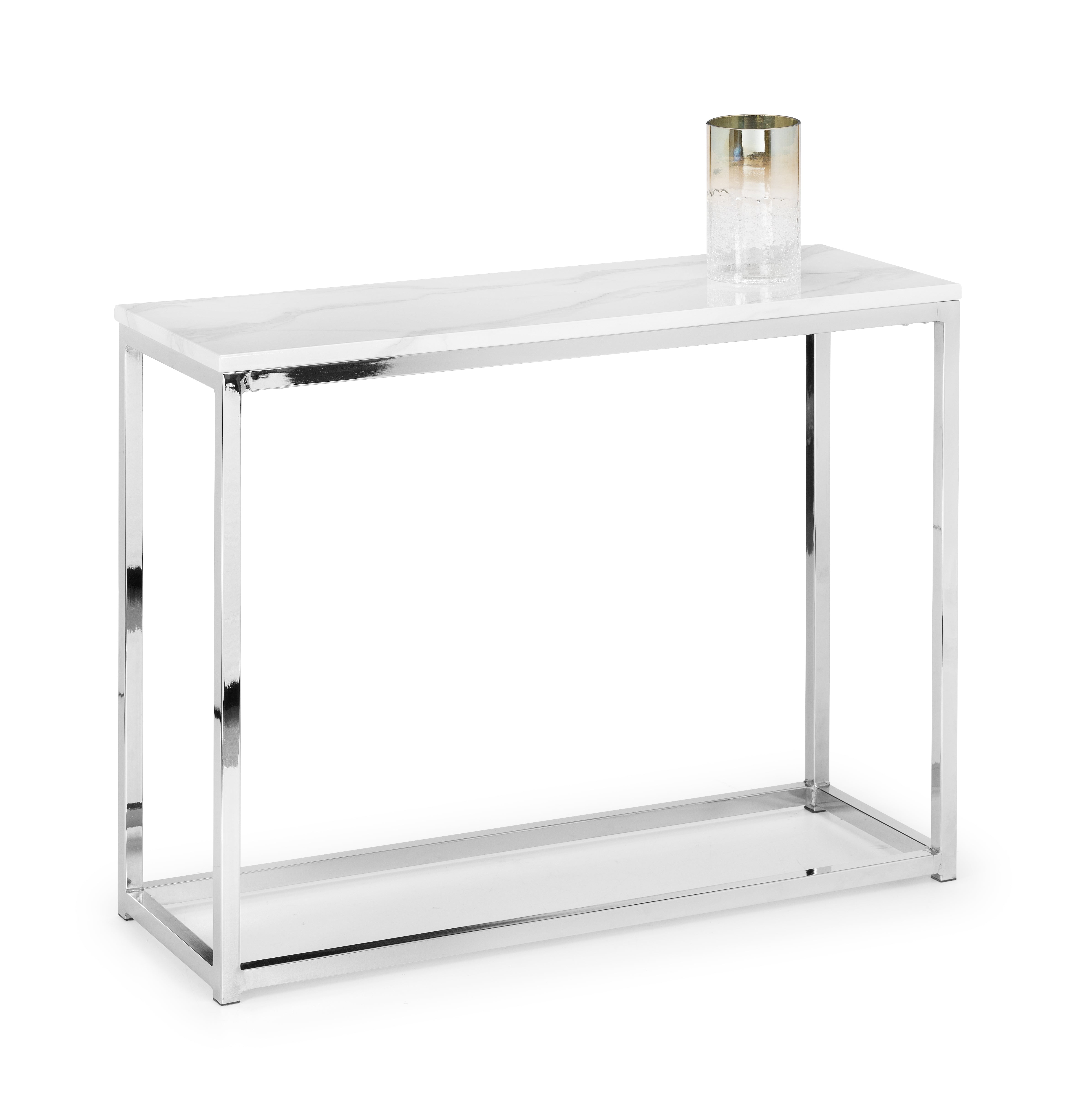 White console table with a glass top on a white background