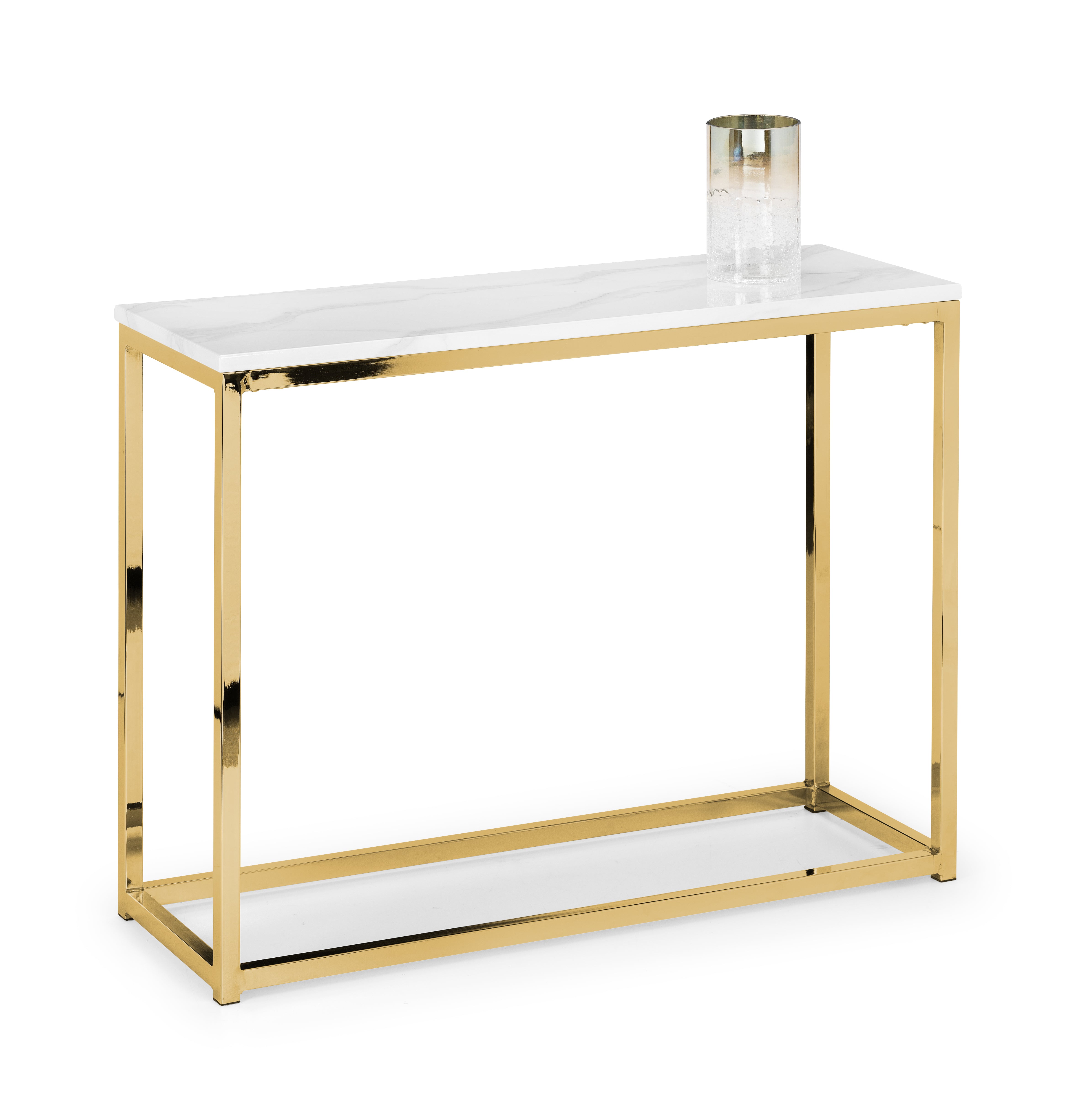 Console table with gold frame and white marble top on a white background
