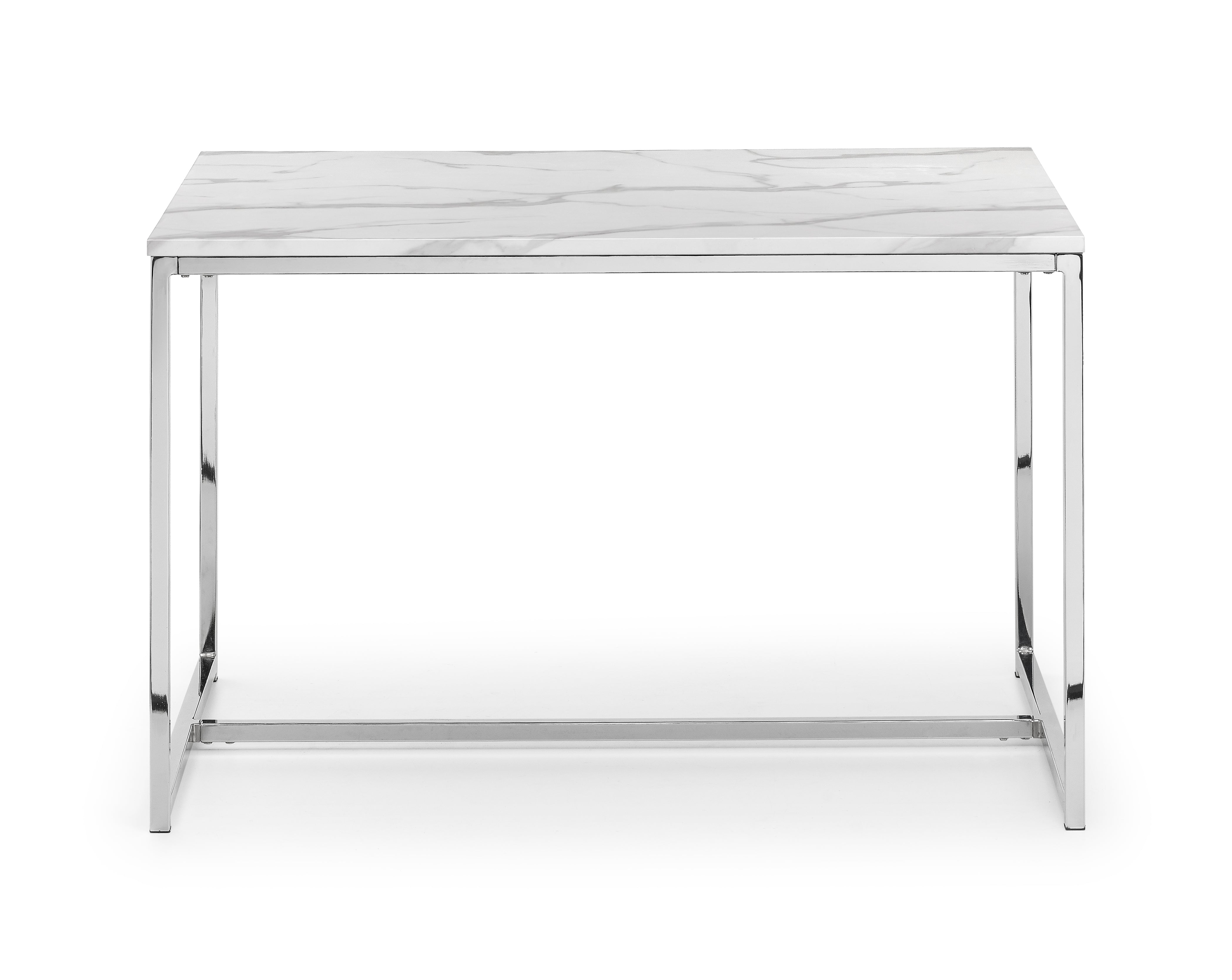 Rectangular table with marble-like top and chrome legs on a white background