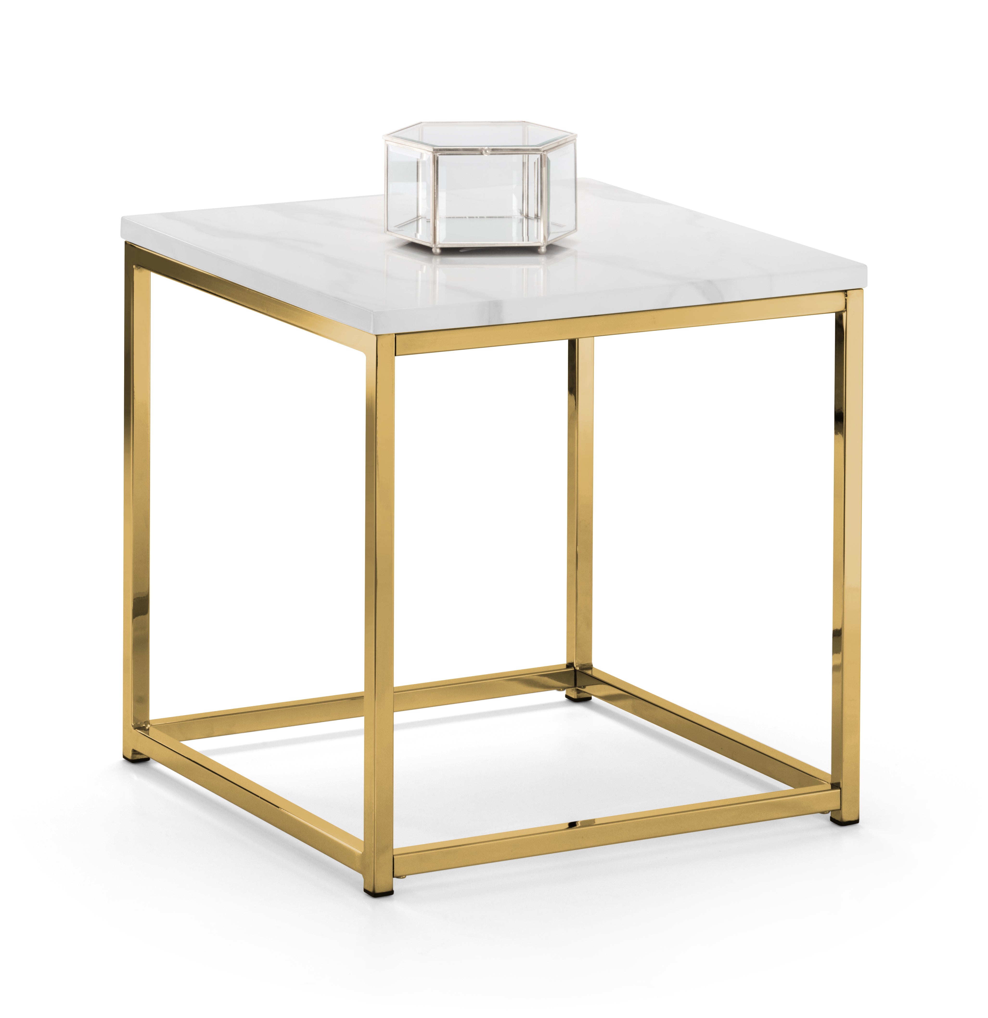 Square side table with marble top and gold metal frame on a white background