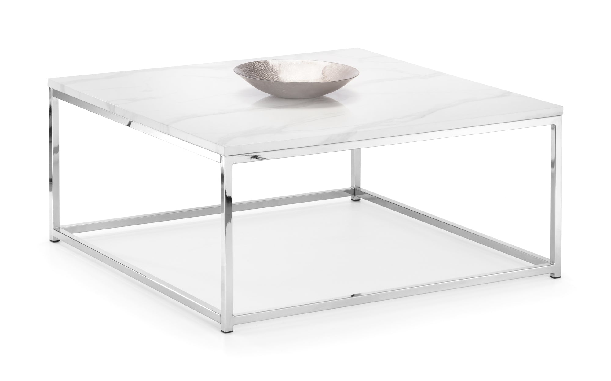 Square glass coffee table with metal frame on a white background