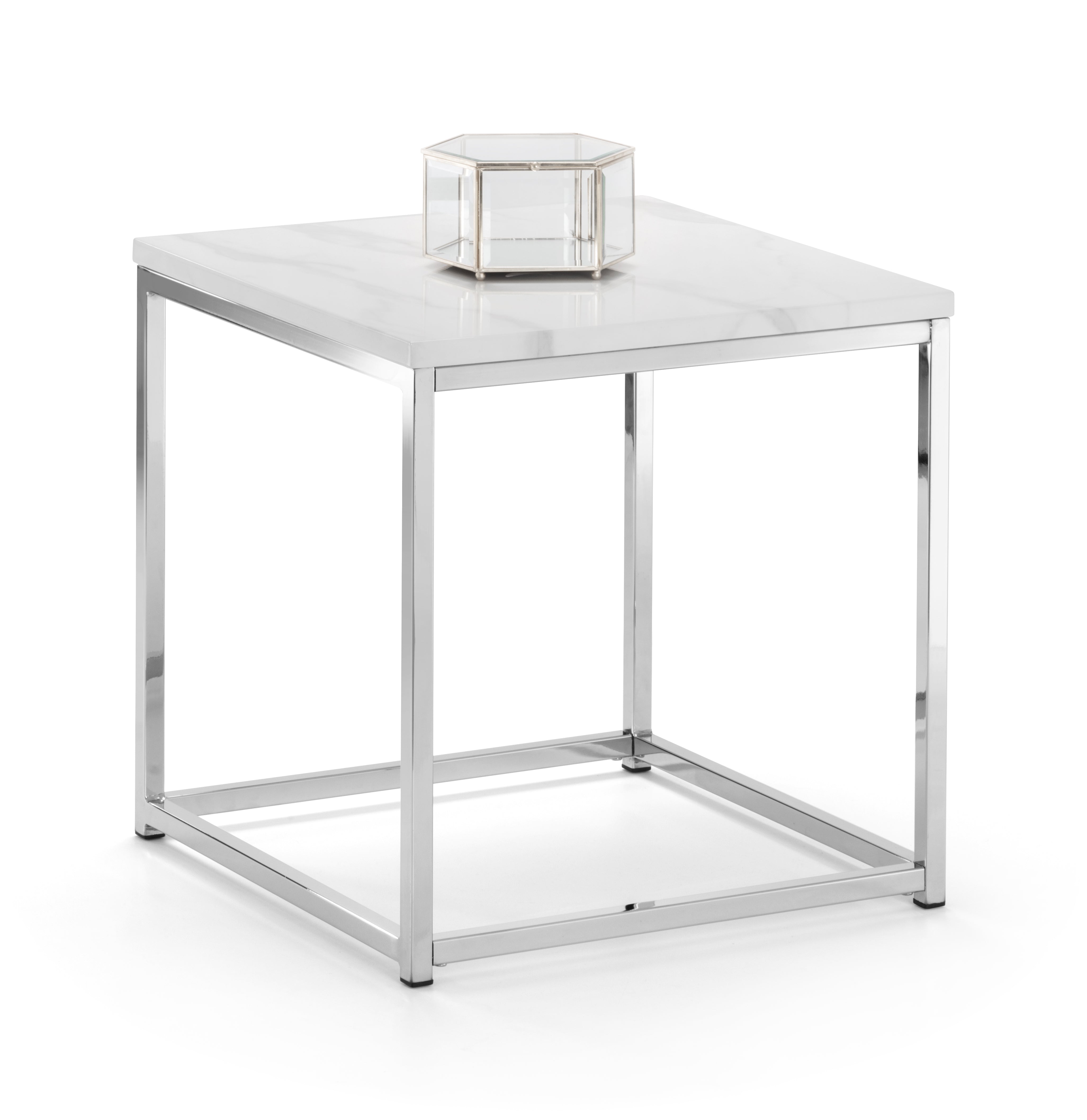 Square glass table with metal frame on a white background