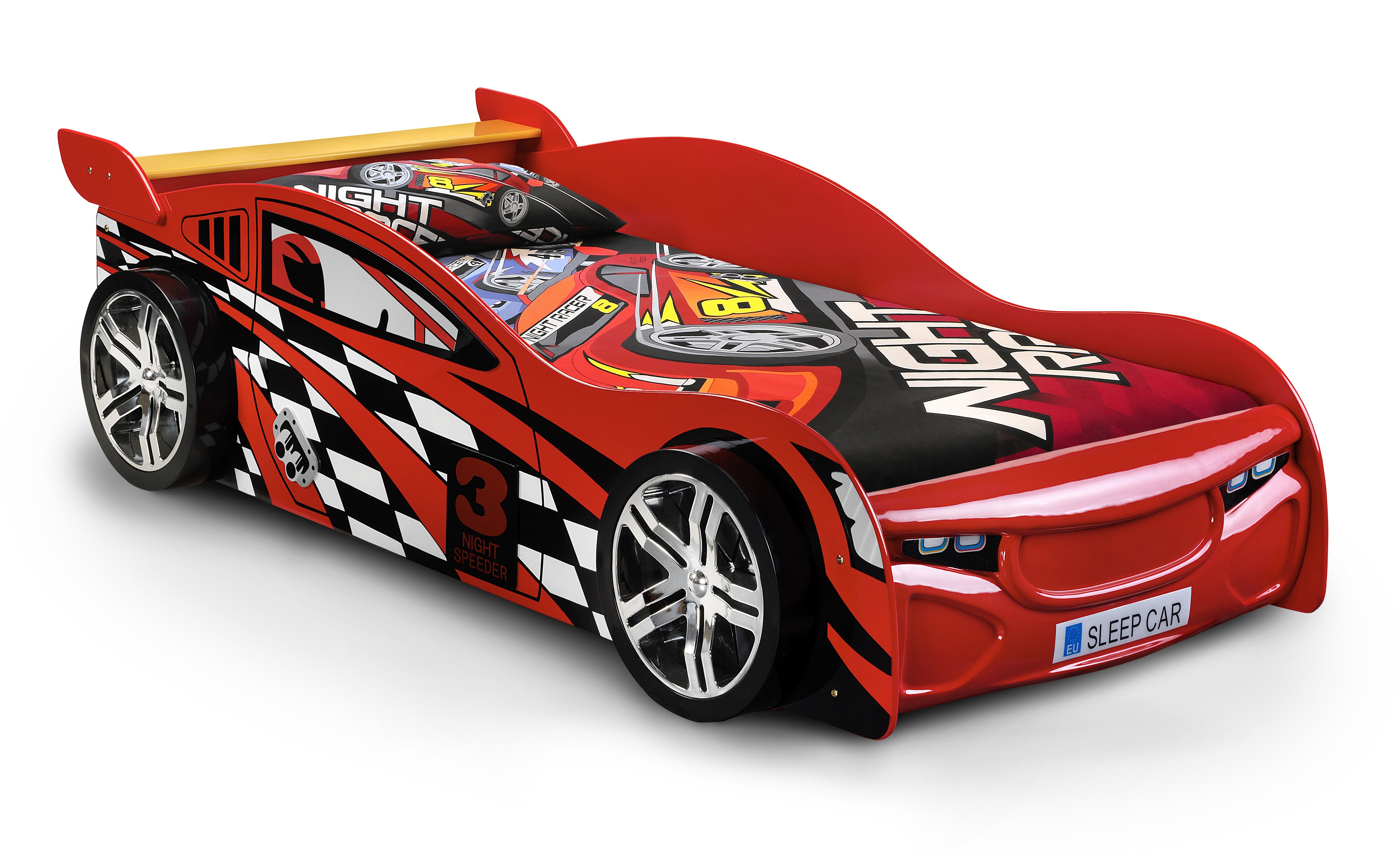 Red race car-themed bed with checkered pattern on a white background