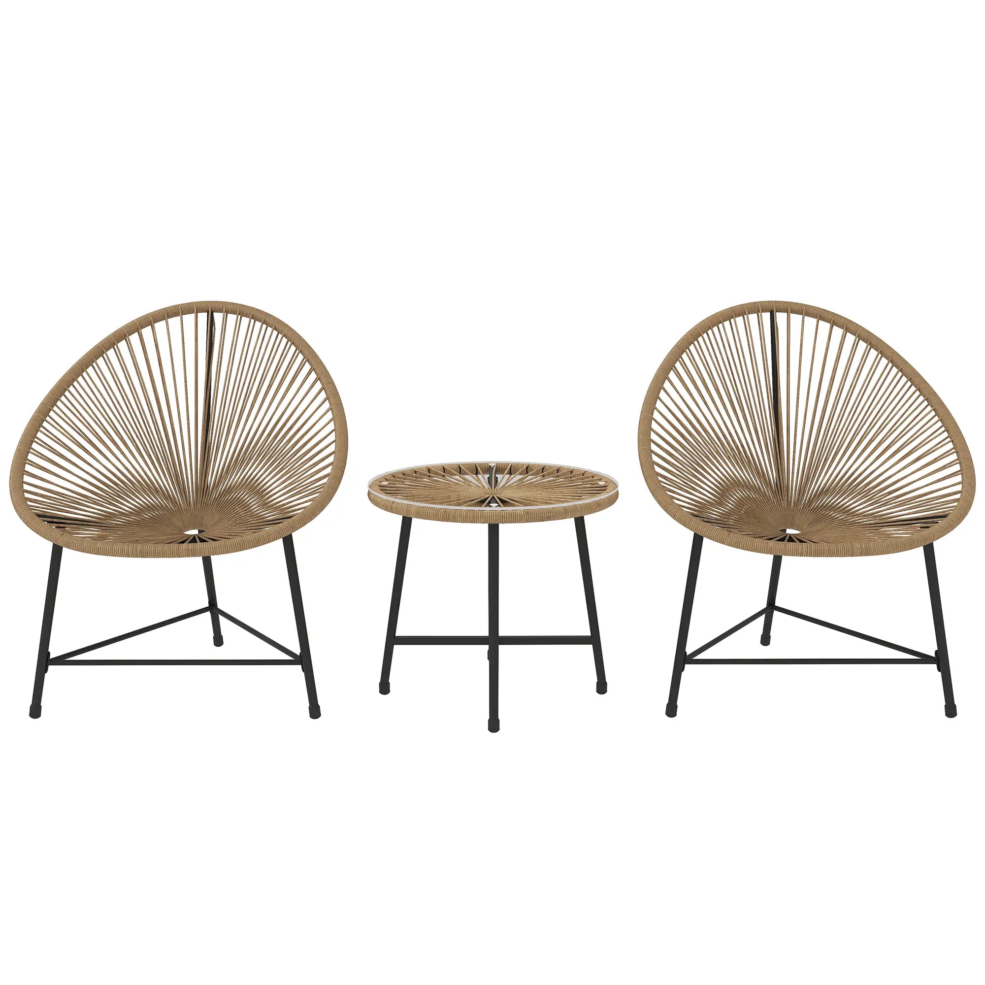 Two wicker chairs and a small table on a white background