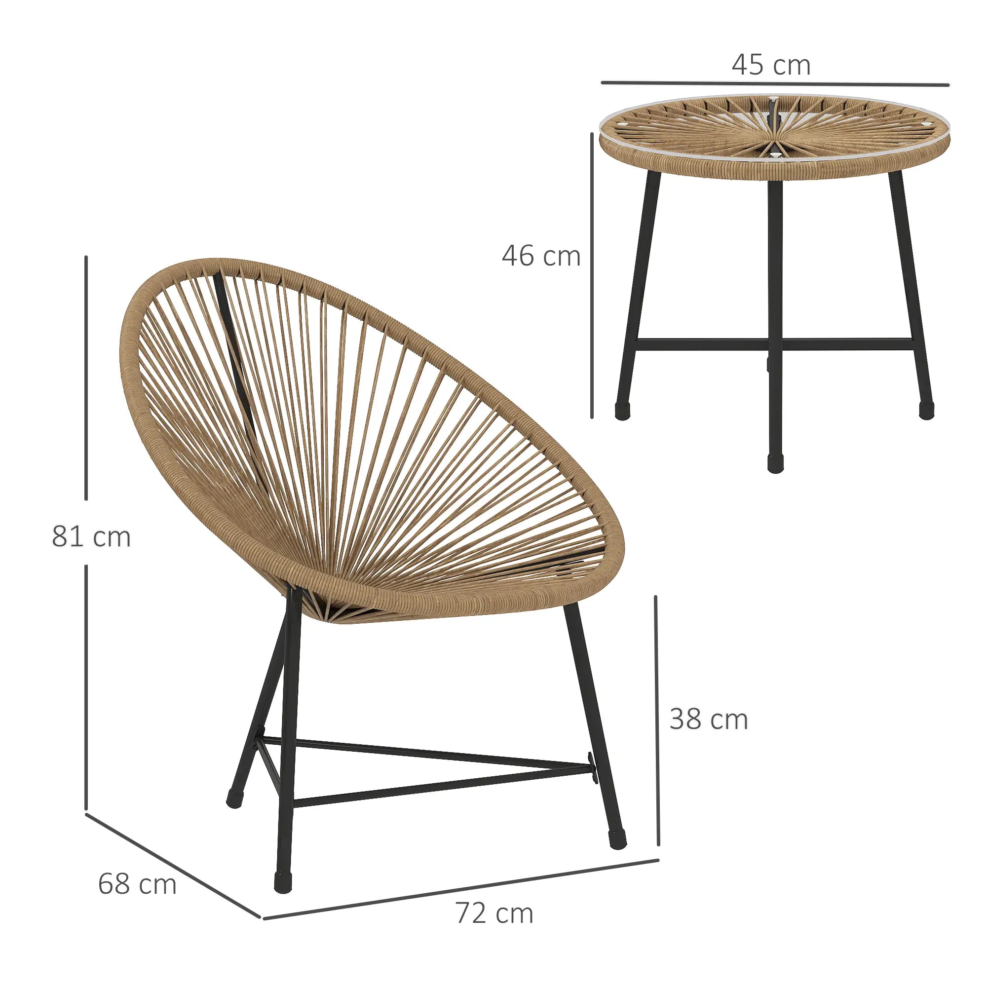 Dimensions of a wicker chair and table on a white background