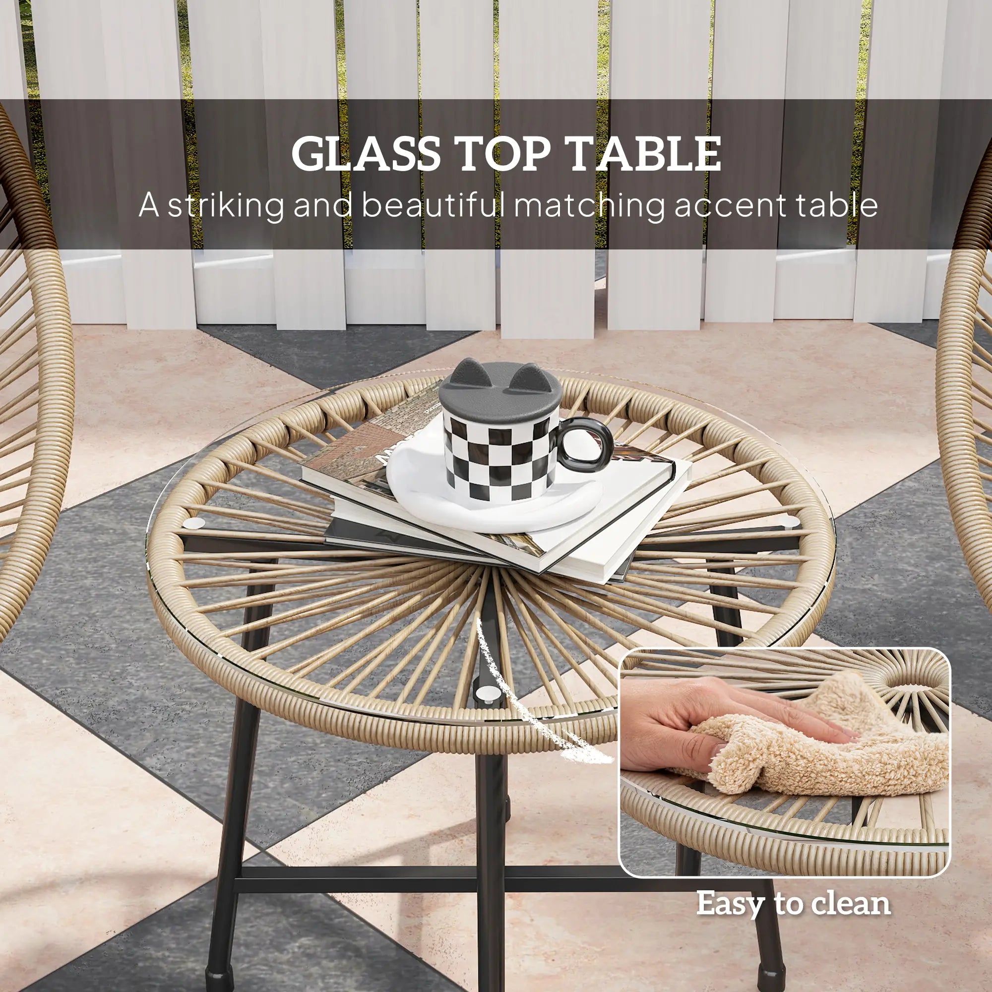Round glass top table with wicker design on a patio, featuring a cup and saucer.