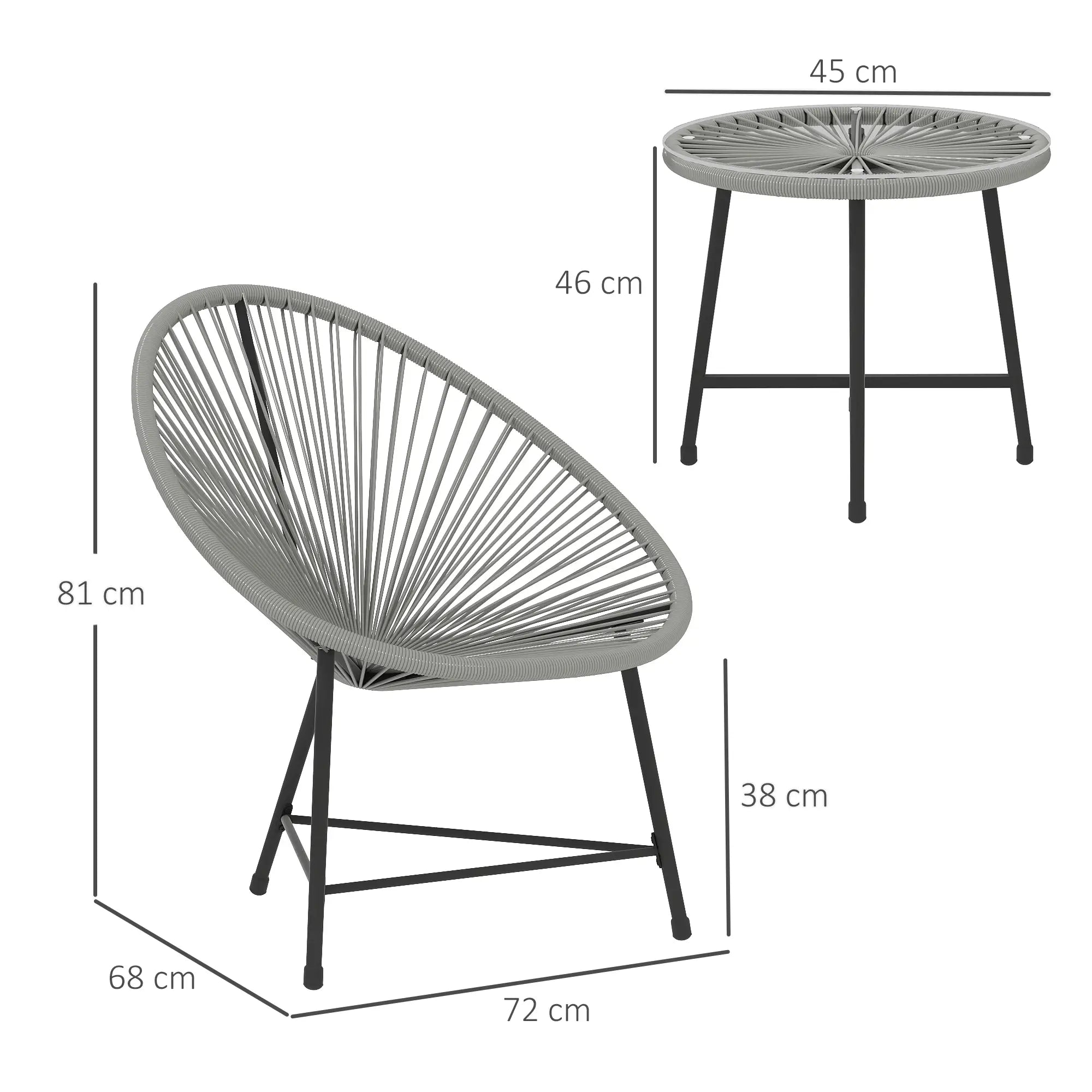Gray chair and round table with dimensions on a white background