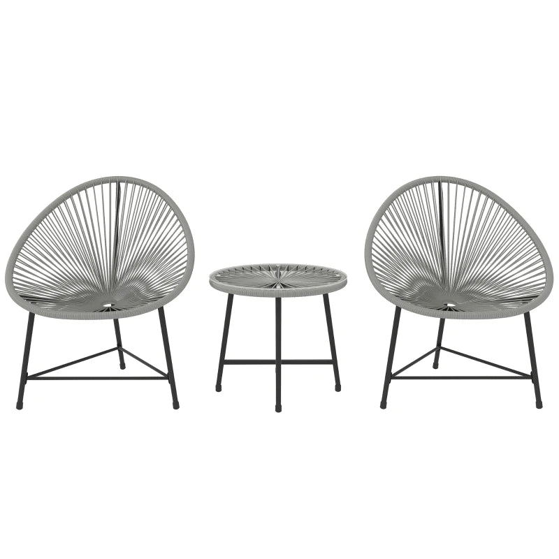 Set of two gray lounge chairs with a matching side table on a white background
