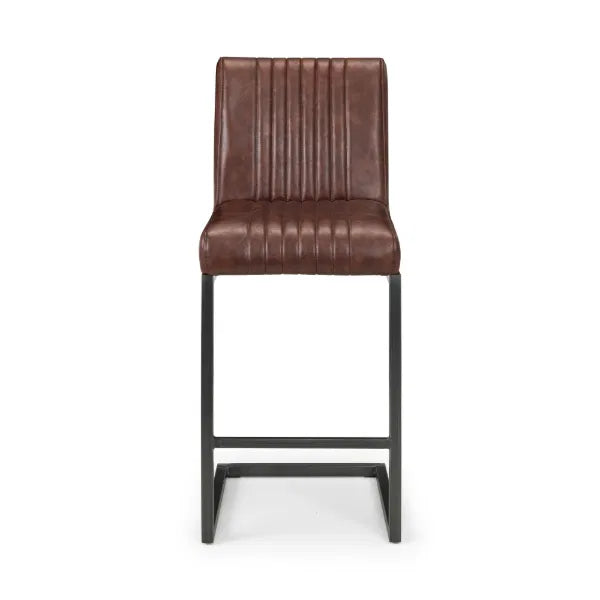 Brown bar stool with black metal legs on a white background