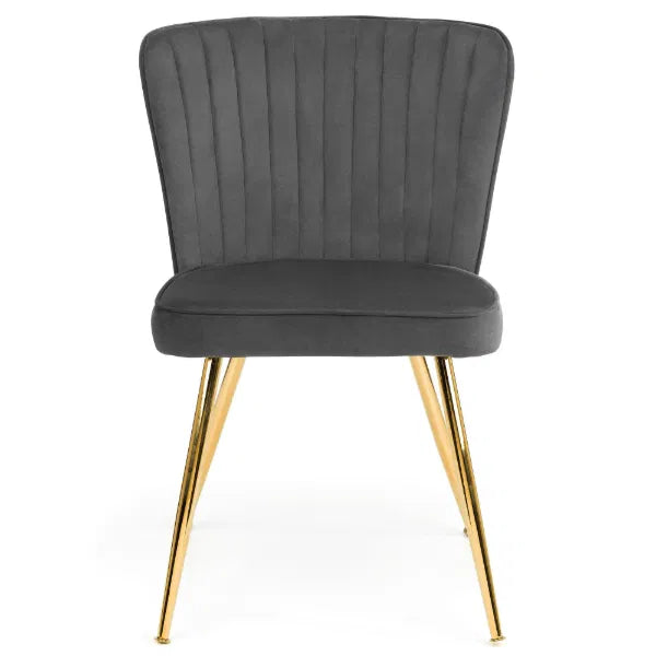Gray upholstered chair with gold legs on a white background