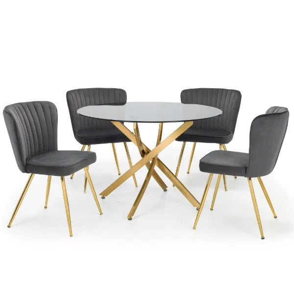 Round glass table with four gray chairs on a white background