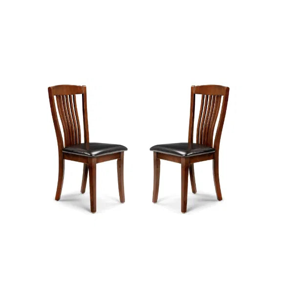 Two wooden chairs with black seats on a white background