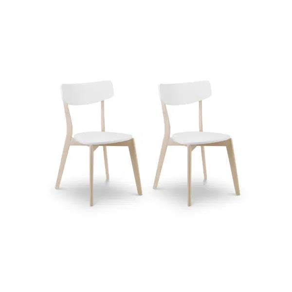 Two white chairs with light wood legs on a white background