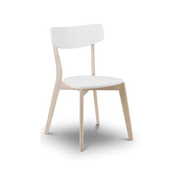 White chair with light wood legs on a white background