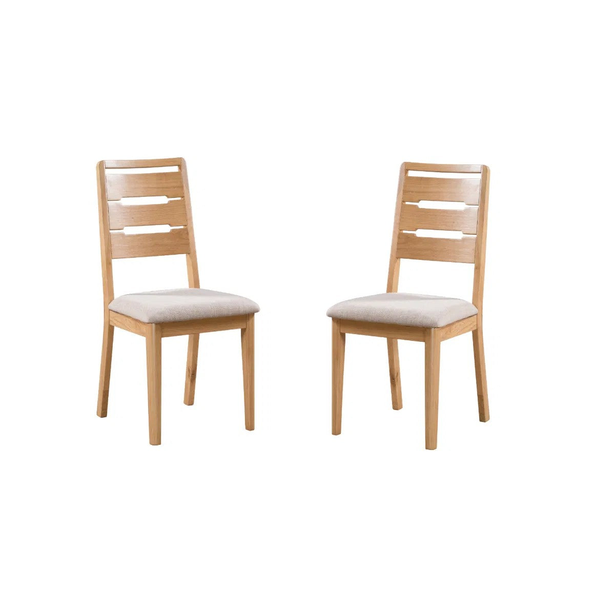 Two wooden chairs with beige cushioned seats on a white background