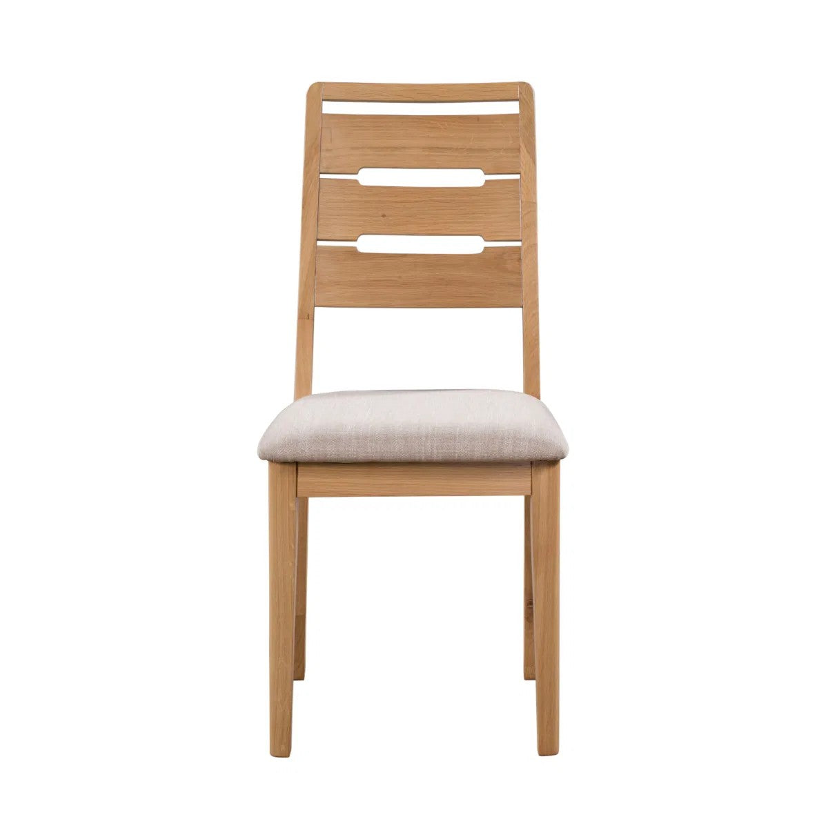 Wooden chair with a beige cushion on a white background