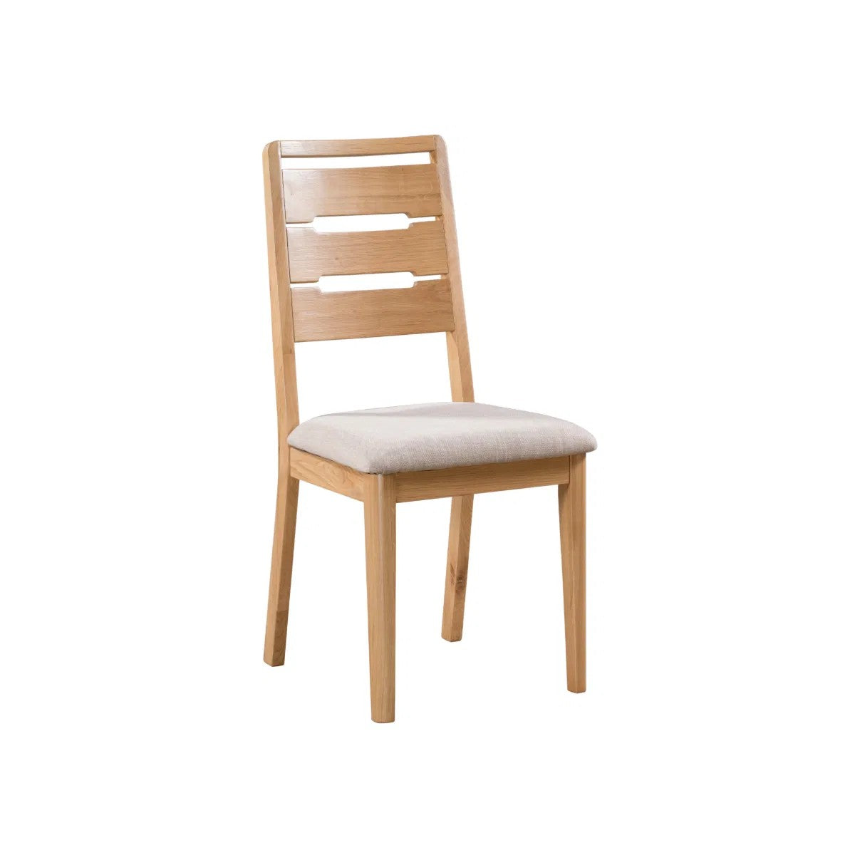 Wooden chair with a beige cushion on a white background