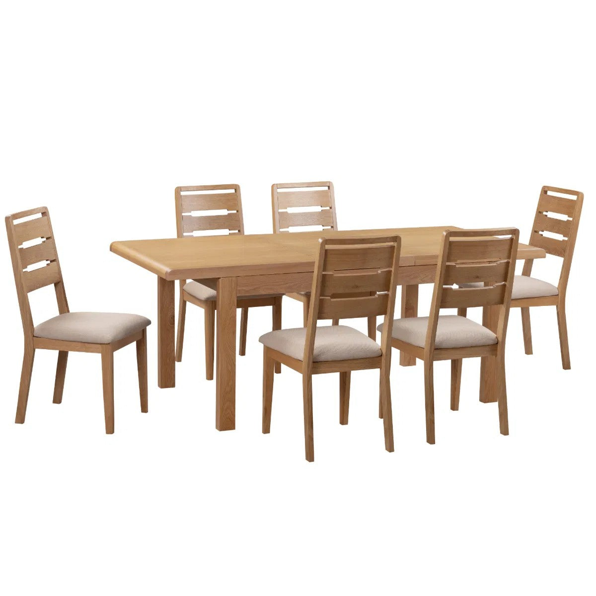 Wooden dining table with six matching chairs on a white background