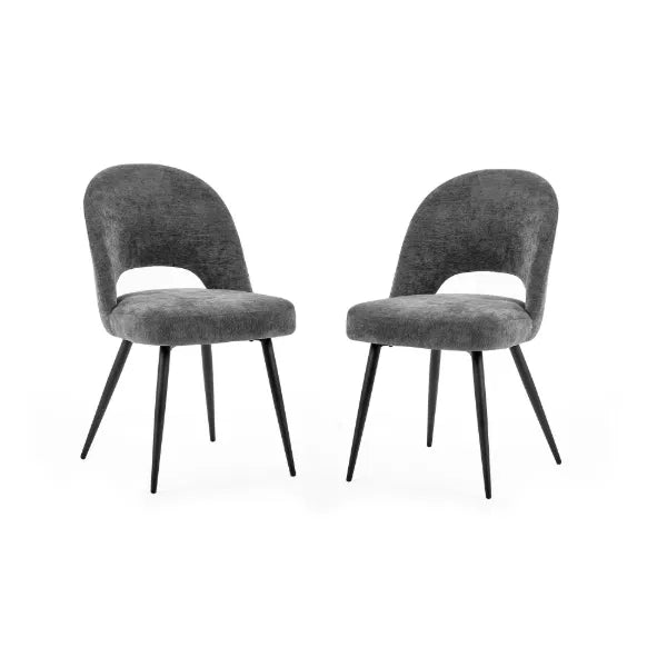 Two gray upholstered chairs with black legs on a white background
