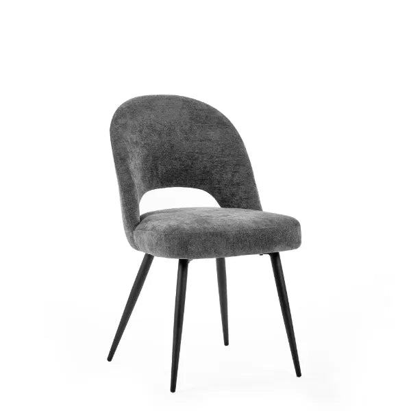 Gray upholstered chair with black legs on a white background