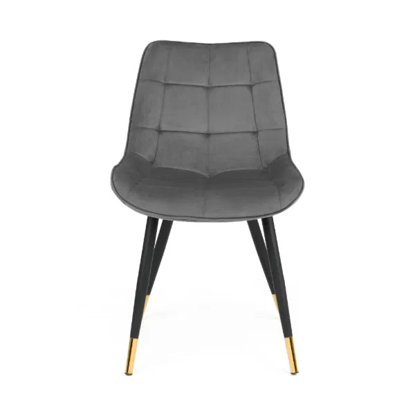 Gray chair with black legs and gold tips on a white background