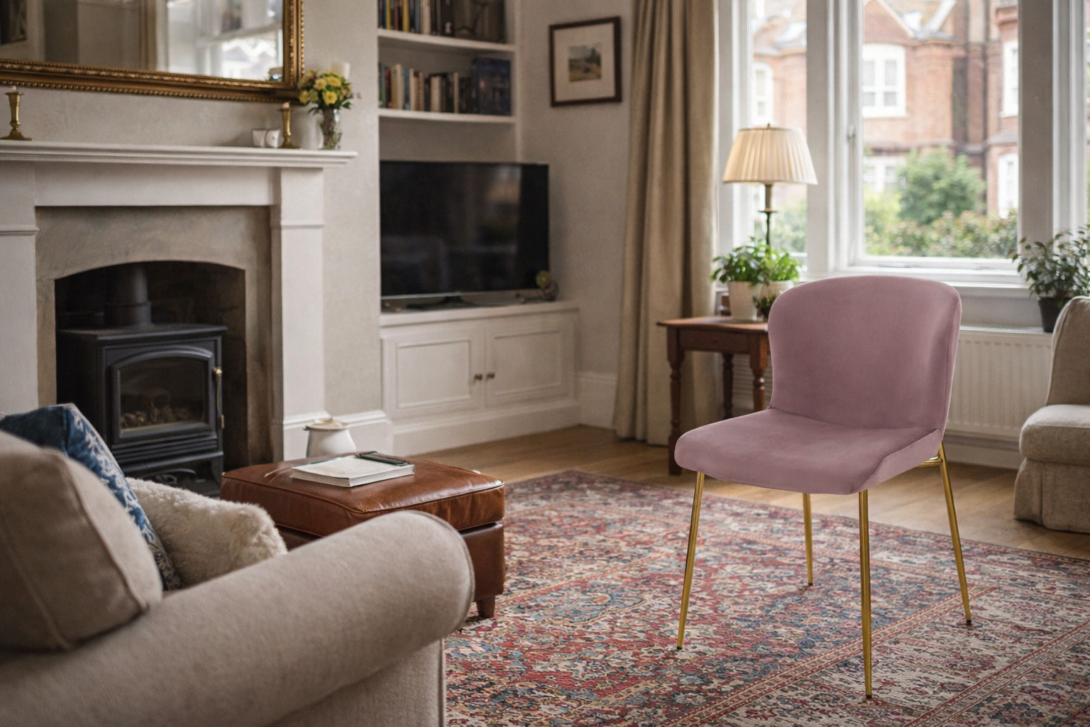 Living room with a fireplace, television, and a chair with gold legs.