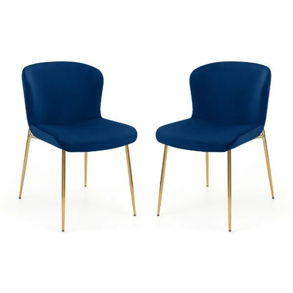 Two blue chairs with gold legs on a white background