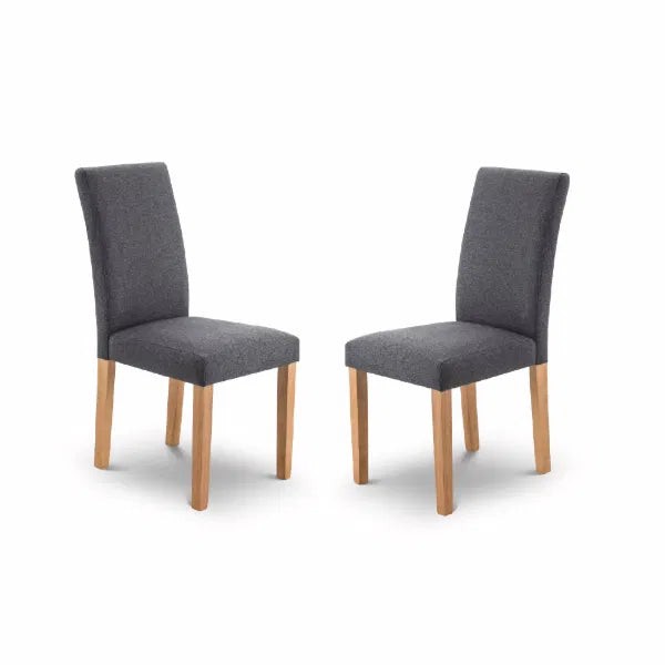Two gray upholstered chairs with wooden legs on a white background