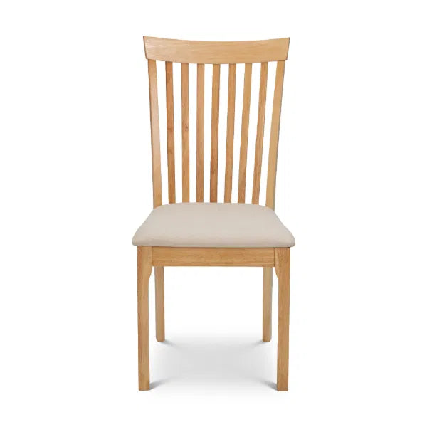 Wooden chair with a beige cushion on a white background