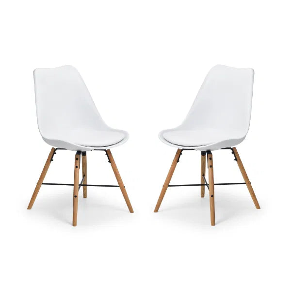 Two white chairs with wooden legs on a white background