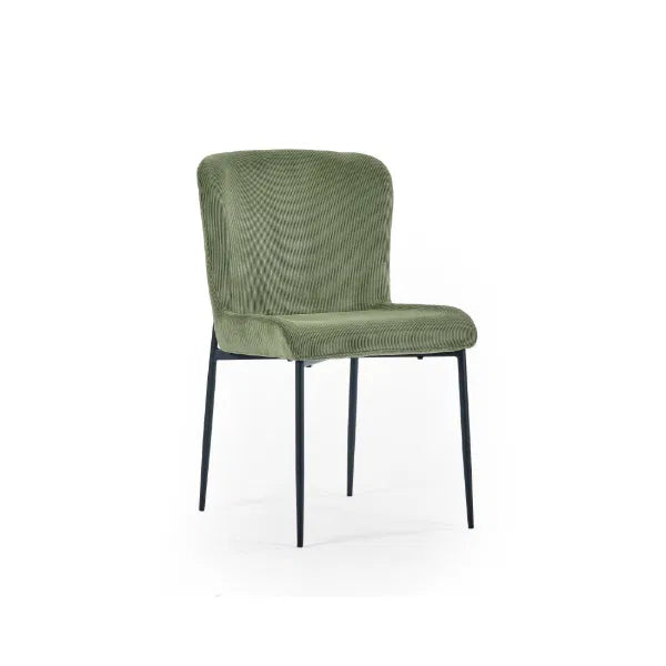 Green chair with black legs on a white background