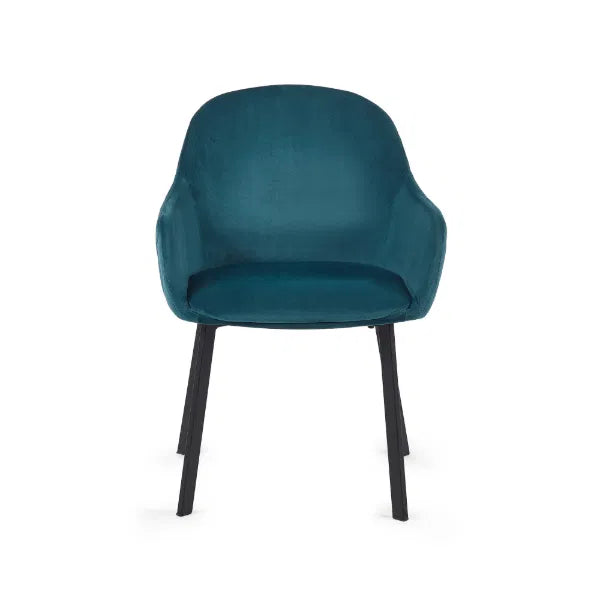 Teal armchair with black legs on a white background