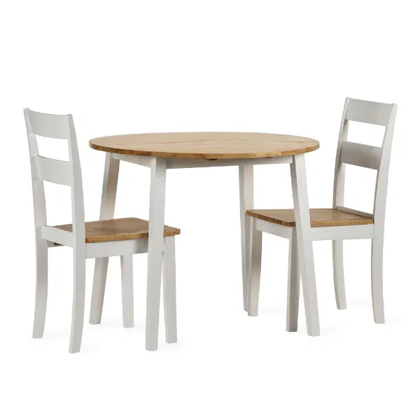 Round wooden table with two matching chairs on a white background