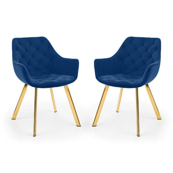 Two blue chairs with gold legs on a white background