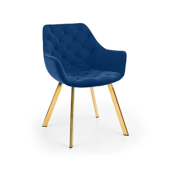 Blue chair with gold legs on a white background