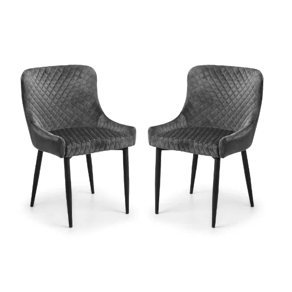 Two gray quilted chairs with black legs on a white background
