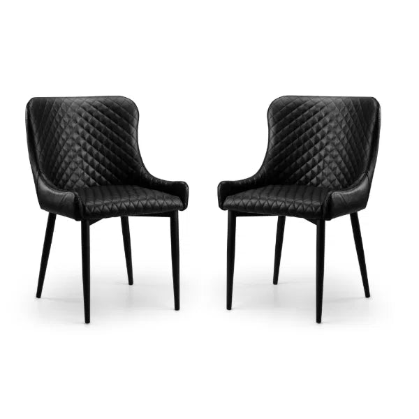 Two black quilted chairs on a white background