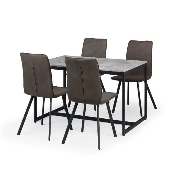 Dining table set with four chairs on a white background
