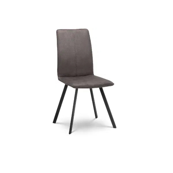 Gray upholstered chair with black metal legs on a white background