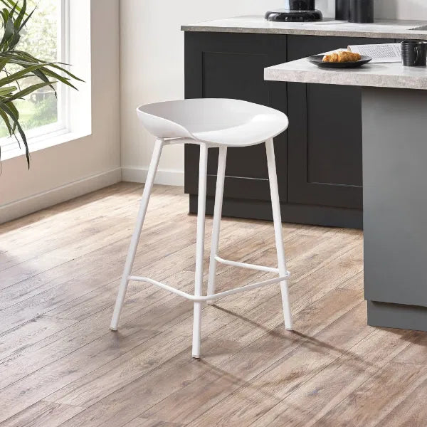 White bar stool in a kitchen setting with a gray island and window in the background.