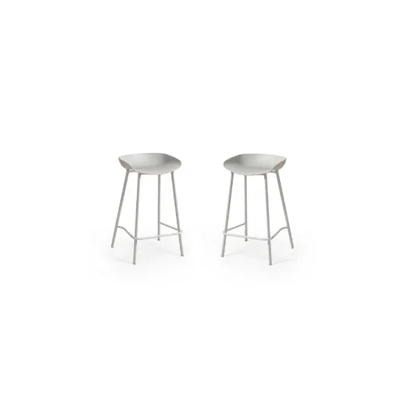 Two stools with white seats and metallic legs on a white background