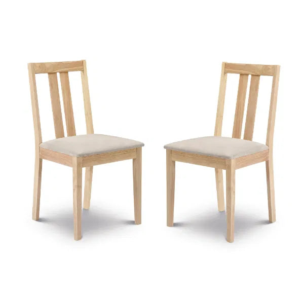 Two wooden chairs with beige cushioned seats on a white background