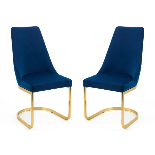 Two blue chairs with gold legs on a white background