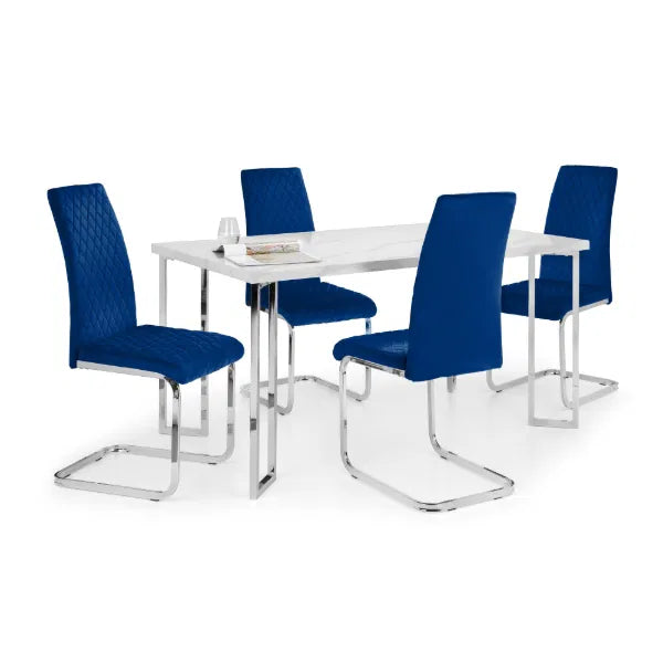 Dining set with a white table and four blue chairs on a white background