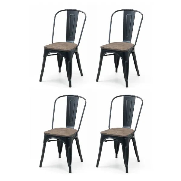 Four black metal chairs with wooden seats on a white background