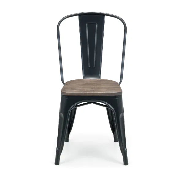 Black metal chair with wooden seat on a white background