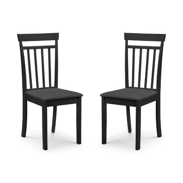 Two black chairs with cushioned seats on a white background