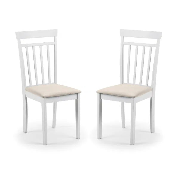 Two white chairs with beige cushions on a white background