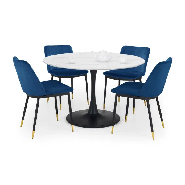 Round dining table with four blue chairs on a white background