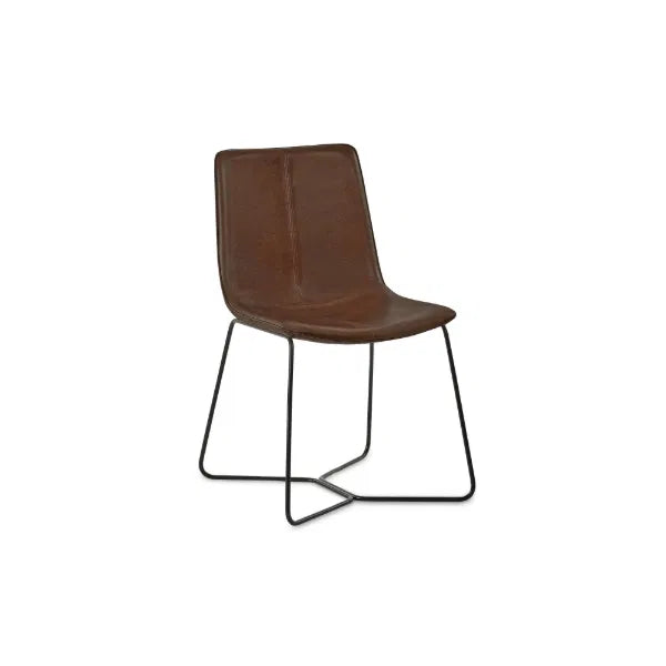 Brown leather chair with black metal legs on a white background
